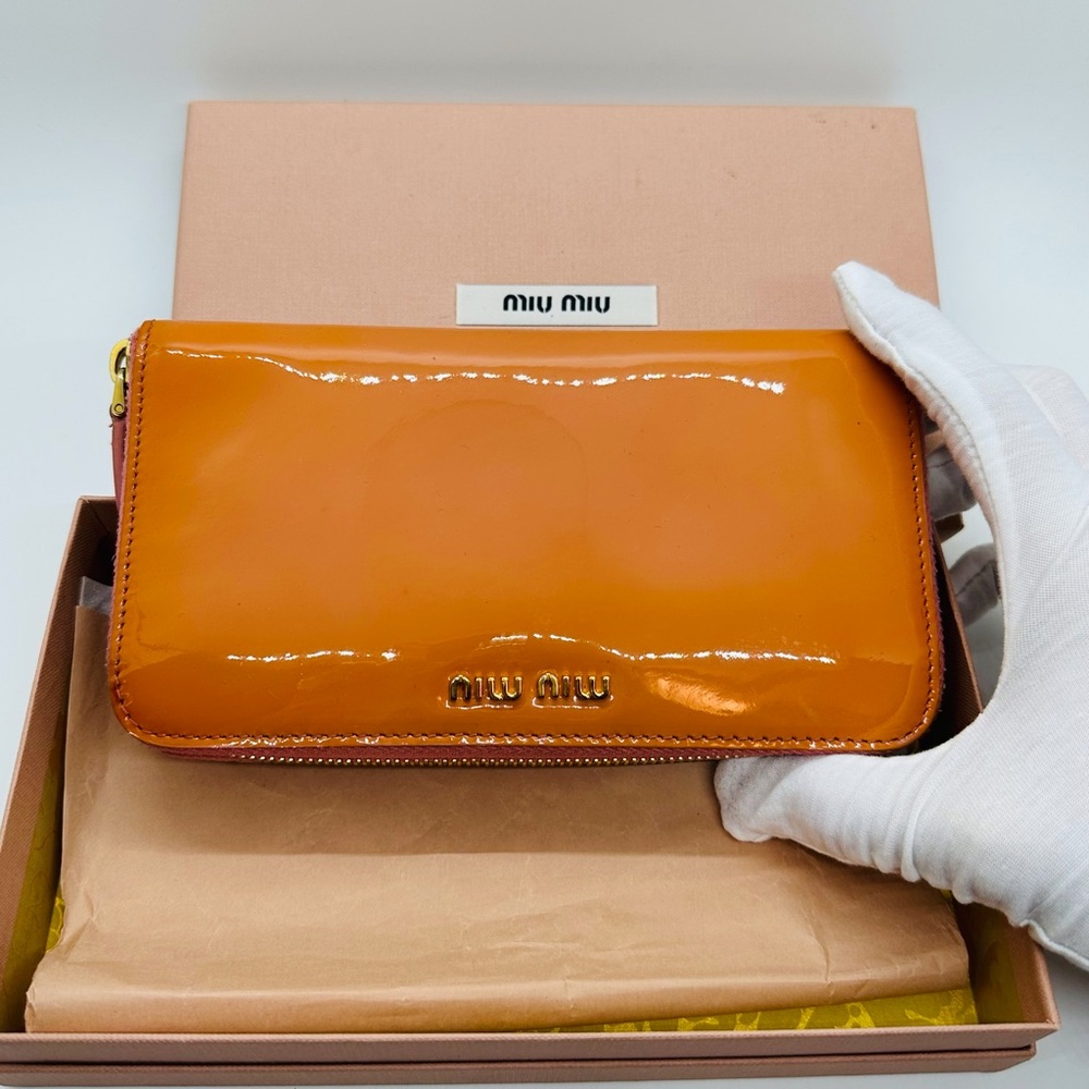 Miu Miu Glossy Orange Patent Zip Wallet
